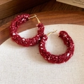 Detailed macro shot of red plush hoop earrings on a warm textured linen background - 47# 925 Sterling Silver Earring Post - Red - Woolen Round Hoop
