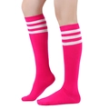 Close-up of rose red knee-high socks with three white stripes and premium knit texture - One Size / Fluorescent Red with White Stripes