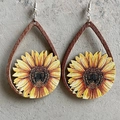 Western-Holzohrringe in Tropfenform mit Sonnenblumenmuster und Hohlrahmen-Design - Sonnenblume