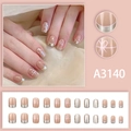 French nude press-on nails with silver edges, white polka dots and sweet bow designs - A3140 Glue Style