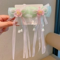 Kids vintage hair clip set with green bows, pink flowers and long tassel ribbons - 156-4# Lanshan Pink Green Bow