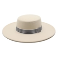 Beige wide brim wool felt boater hat with stylish black and white striped ribbon band - M(56-58cm) / Beige