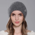 Deep grey angora rabbit fur knit beanie with shiny silver rhinestone butterfly detail - Dark Gray