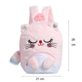 Pink plush cat backpack for kids showing dimensions 28cm height and 21cm width - Pink