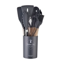 Set di utensili da cucina in silicone grigio scuro con manici in legno e secchiello - Grigio Scuro Set da 12 Pezzi Con Secchiello Piccolo (Versione Leggera)