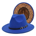 Detail of dark blue fedora hat with leopard print brim lining and black belt with metal buckle - M (56-58cm) / Sapphire Blue