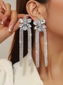 Elegant silver tassel earrings with flower stud and sparkling rhinestone fringe decoration - Silver Flower Multi-row Tassel