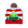 LED Christmas knit hat with red white stripes and glowing green tree pattern - Red White Stripes-Christmas Tree