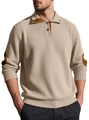 Men's khaki knit polo shirt with long sleeves and brown elbow patch details - Khaki