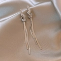 Silver long tassel earrings featuring knotted design and snake chain fringes on silk - Knotted Snake Chain / Silver
