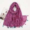 Detail of pink cotton-linen scarf with floral prints and delicate fringe tassel edges - Pink Base Blue Purple Flower Style (XB1013)