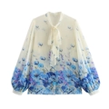 Florale Chiffon-Bluse mit Schluppenkragen und Puffärmeln auf weißem Hintergrund - S / Milchweiß