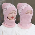 Rosa 3-in-1 Strickmütze mit integriertem Nackenwärmer und weichem Plüschbesatz - Mütze und Halswärmer / Pro MAX - Rosa