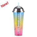 24oz double-wall plastic tumbler with rainbow gradient finish and reusable straw - Style Q/Rainbow Live