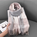 Soft faux cashmere scarf in grey and beige check pattern with fringe on grey leather - 180*70cm / Light Purple