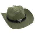 Detail of olive green woven straw cowboy hat with ethnic tribal band and bull skull emblem - Bean Green