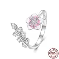 Adjustable S925 sterling silver ring with pink enamel cherry blossoms and zircon leaves - Adjustable Open