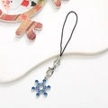 Detail view of a black braided phone strap with a blue enamel snowflake charm and lobster clasp - Snowflake No.5 / Silver