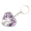 Handmade heart tree of life keychain with purple crystals and silver wire wrapping - Heart Amethyst