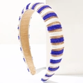 Detail of blue and gold handmade beaded headband with soft non-slip lining - White Blue Brown