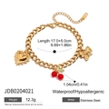 Gold stainless steel link bracelet with cherry and heart charms, 17+5cm length - Bow Heart Cherry Mix (JDB0204021)