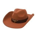 Classic tan felt western cowboy hat with studded leather band and golden bull head ornament - Gold Bull Head / Khaki