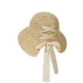 Japanese style beige woven straw hat featuring elegant lace tie-back and bow detail - L (58-60cm) / French Tie Ribbon Beige