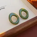 Elegant vintage dark green oval hoop earrings with a glossy resin finish for women - Silver Earring Post-Green