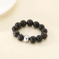 Handmade 6mm black crystal beaded elastic ring with a single silver accent bead for unisex - Beaded Ring (KR112968-Z) / Adjustable Elastic Cord / Black and Silver