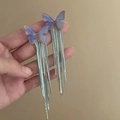 Detail of elegant lavender butterfly earrings with long silver metal tassel fringe - Purple Butterfly Tassel Style