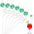 7-pack clear spiral party straws with emerald green disco mirror ball decorations - Green