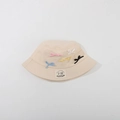Detailansicht eines beigen Sonnenhuts mit bunten Strickschleifen und Marken-Aufnäher - Kinder Einheitsgröße / Beige