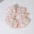 Pink floral lace oversized scrunchie hair tie with white organza trim for women - Pink Lace Floral