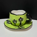 Handcrafted green ceramic coffee cup and saucer set with black hand-painted floral pattern - 250ML / Green with Black Edge