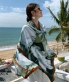 Lightweight sun protection floral shawl with green and white prints and fringe detail - Green Base White Floral (Daisy-1)