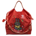 Red canvas tote bag with cartoon rabbit embroidery and woven rope handle detail - Red
