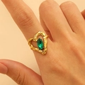 Vintage gold heart ring with marquise-cut green stone and hammered finish on finger - 61 18k Pure Gold 4729