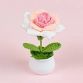 Handmade crochet pink and white rose in white ceramic pot, knitted floral desktop ornament - Gradient Korean Pink