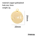 Detail view of 20mm round gold-plated copper pendant with hollow LOVE lettering - Gold Round Hollow LOVE (20mm)