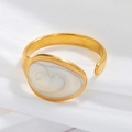 Minimalist 18k gold plated stainless steel open ring with white marble resin oval inlay - Adjustable Open / Gold White Texture Bangle (JR282-G7)