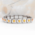 Detail of silver stainless steel Italian charm bracelet with orange heart stones - Heart Gold Gem (18 Links)
