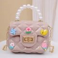Pink quilted jelly crossbody bag with pearl handle and cute cartoon DIY charms - With Random Patches / Apricot