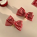 Fermagli per capelli a fiocco pied de poule rosso con pendenti in perla elegante - Coppia di Fermagli a Fiocco Pied de Poule