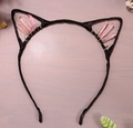 Cat ear headband featuring pink iridescent crystals and beads on a sleek black wire frame - No.21 Pink Crystal