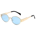 Retro oval sunglasses with golden metal frame and light blue lenses in a stylish design - Gold Frame Blue Lenses