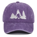 Macro detail of white Bigfoot silhouette embroidery on washed purple cotton baseball cap - Purple