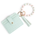 Mint green woven texture wallet keychain set with beaded wristlet and tassel - Light Green