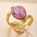 Bague vintage plaquée or avec pierre naturelle rose ovale et anneau perlé - Taille unique / Pierre Naturelle Texturée Rose Foncé (YYJZ-497)