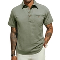 Men's olive green cotton linen beach shirt with lapel collar and buttoned chest pocket - Army Green