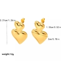 Golden 18K gold plated titanium steel double heart drop earrings with size measurements - Gold Double Heart Style (TE6003-G)